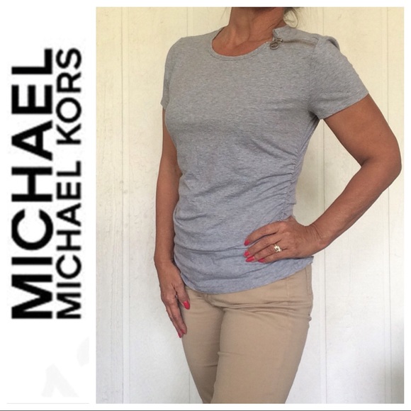 MICHAEL KORS ZIPPER DETAIL SIDE RUCHED TEE SHIRT SIZE LARGE - Picture 2 of 7